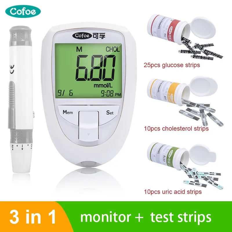 Cofoe 3 in 1 Medical Cholesterol Blood Glucose Uric Acid Test Kit