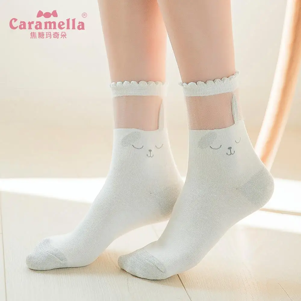 

Caramella 4Pairs/Lot New Elegant Women Short Socks Transparent Korean Cartoon Spring Summer Wear Invisible Elastic Short Socks