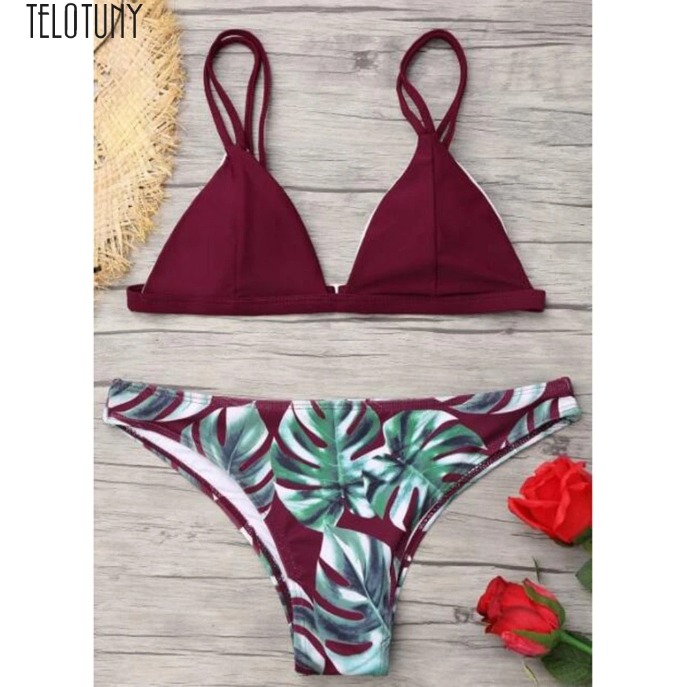 

TELOTUNY Women Leaves Swimwear Women Swimwear Bikini Set Print Leaves Push-Up Padded Bathing Swimsuit Beachwear Summer Swimwear