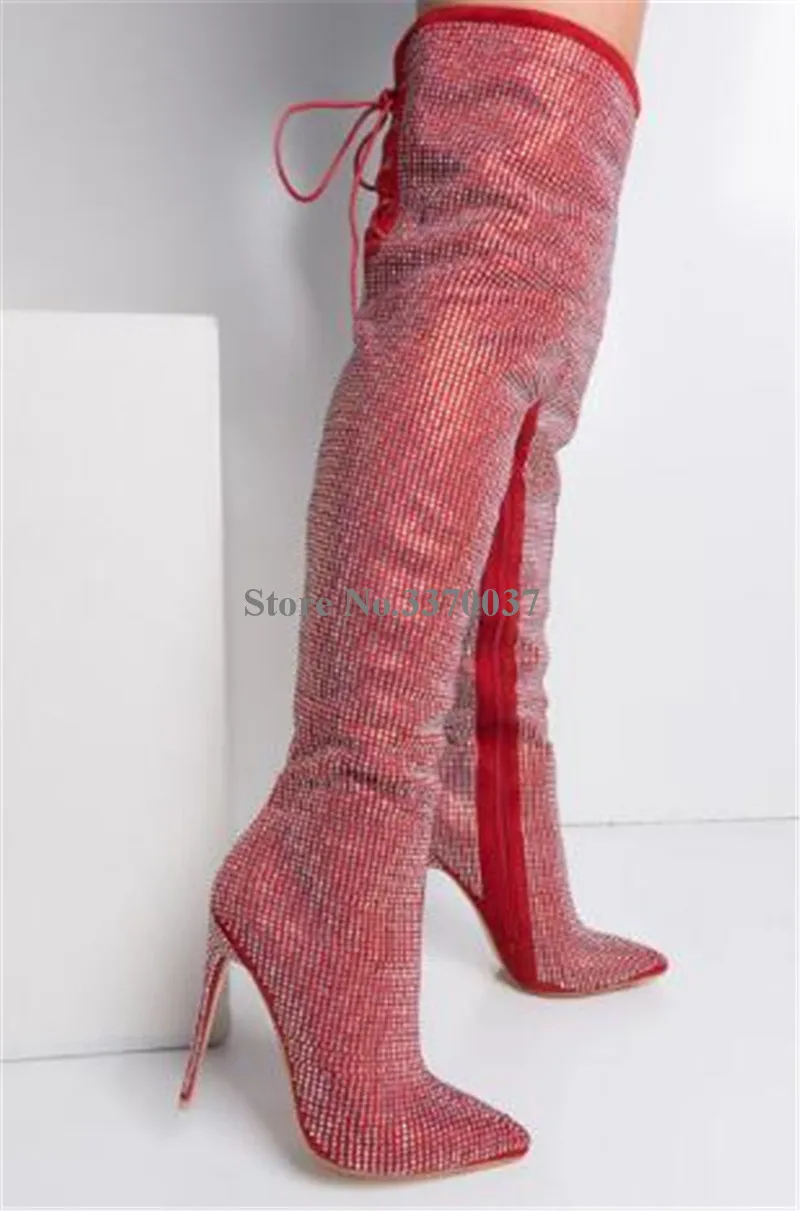 Women Luxurious Rhinestone Pointed Toe Over Knee Thin Heel Boots Bling Bling Crystal Slim High Heel Long Boots Wedding Shoes