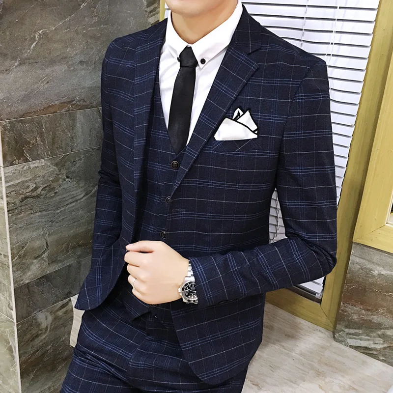 Korean Version Self-cultivation Men's Plaid Printed Suit Three-piece Dress Costume Homme Mariage Luxe | Мужская одежда