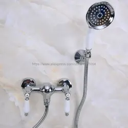Настенный смеситель для ванной комнаты хромированный струйный смеситель для ванны кран с двойной керамической ручкой ручная насадка душа