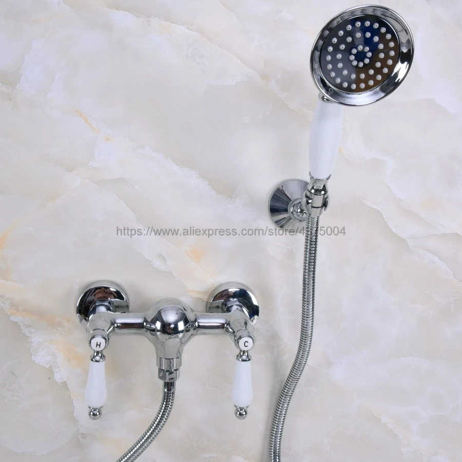 Wall Mounted Bathroom Faucet Chrome Bath Tub Mixer Tap With Double Ceramic Handle Hand Shower Head Sets Nna281 | Обустройство дома