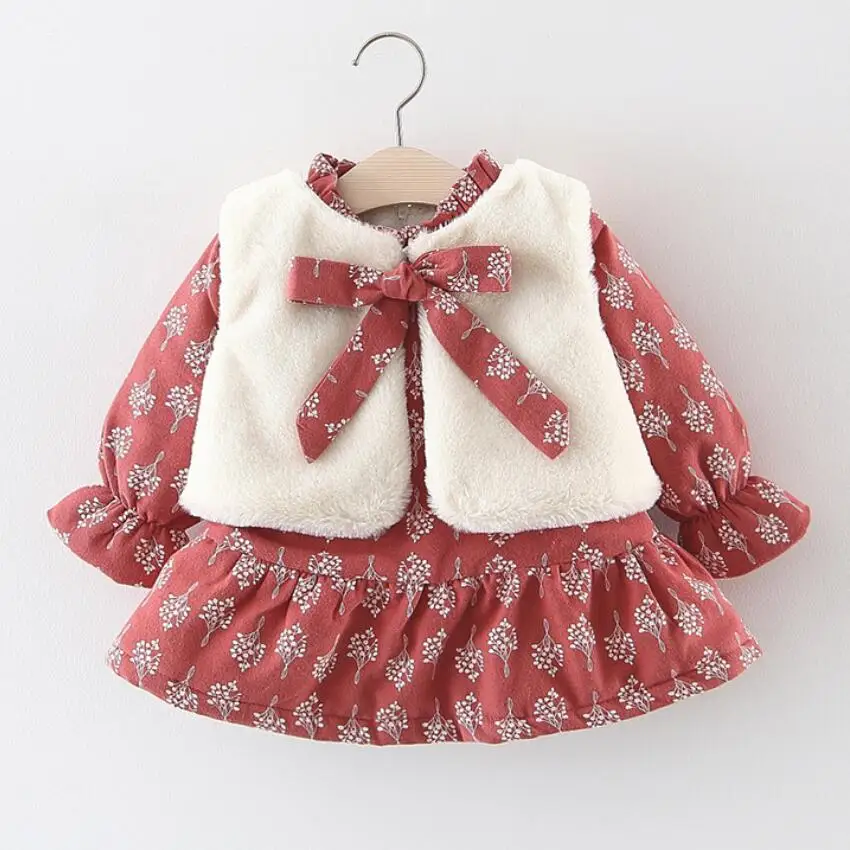 Новое зимнее платье для маленьких девочек, одежда для маленьких девочек, теплые флисовые платья с бантом для маленьких девочек+ жилет, комплект из 2 предметов, одежда для малышей 0-3 лет - Цвет: Розовый