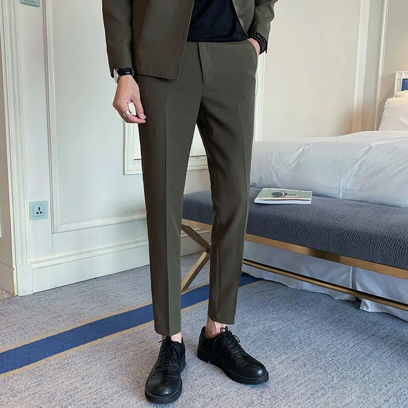 Высокое качество Костюмные брюки мужские прямые облегающие Формальные Брюки мужские свадебные Женихи осенние модные деловые повседневные длинные брюки - Цвет: green