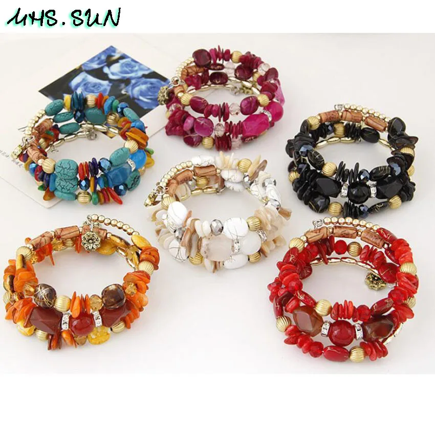 10-2 Bohemian Women Layered Bracelets Fashion National Stone Beaded Shell Bracelets Charm Ethnic Jewelry Female Party Gift