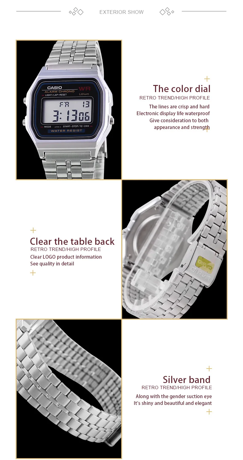 Casio Часы Простые Ретро Серебряный стальной ремень мужские электронные часы цифровые часы A159WA-N1