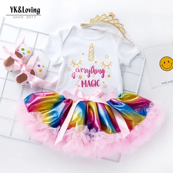 

2019 newborn baby girl clothes unicorn baby christmas outfits Cotton 3 pieces sets top+skirt+shoes infant clothing fall S0706