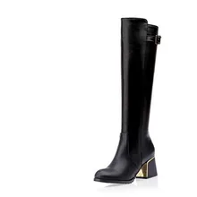 Г.; зимние модные черные сапоги; толстые кожаные сапоги до колена В рыцарском стиле; женские сапоги с застежкой; Размеры 35-39;