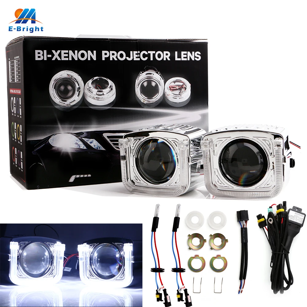

YM E-Bright 1Set 3 Inches 4300K 6000K 8000K HID Bi Xenon Headlight Projector Lens 12V DC 35W + U Angel Eyes H1 H4 H7