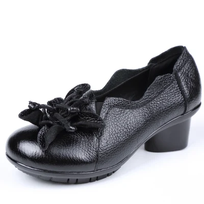 Г., обувь ручной работы в стиле ретро женские туфли-лодочки на толстом каблуке Туфли с круглым носком на высоком каблуке из натуральной кожи - Цвет: Черный