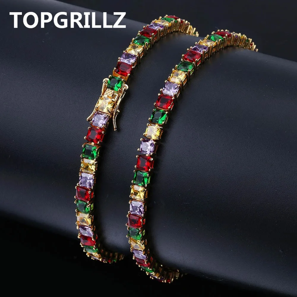 Kopen TOPGRILLZ Hip Hop Goud Zilver Plated Iced Out Micro Pave AAA CZ Steen Kleurrijke Tennis Chain Armband Voor mannen Vrouwen Geschenken