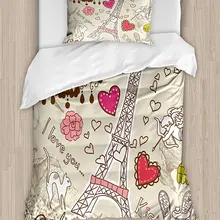 Conjunto de funda nórdica con decoración de París, ilustración de garabatos, torre de Eiffels, lámpara de corazones, flor, amor, San Valentín, juego de cama Vintage