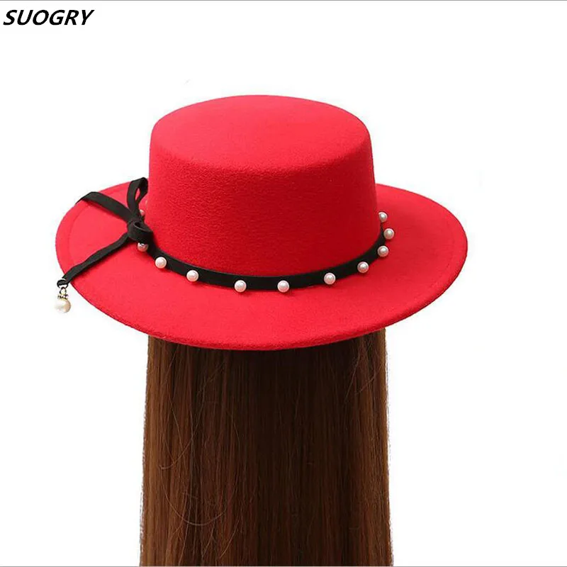 SUOGRY Brand Pearl Boater Flat Top Hat for Women Wool Felt Wide Brim