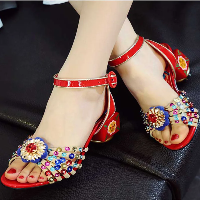 

2019 New Genuine Cow Leather Wedding Sandals Mixed Colors Crystal Flower Bride Sandals Ladies Summer Sandals