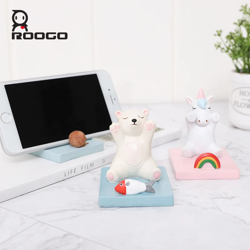 

Roogo Unicorn Mobile Phone Holder Resin Home Decoration Cute Bear Figurines Lucky Cat For Bedroom Desktop Decorative Creative