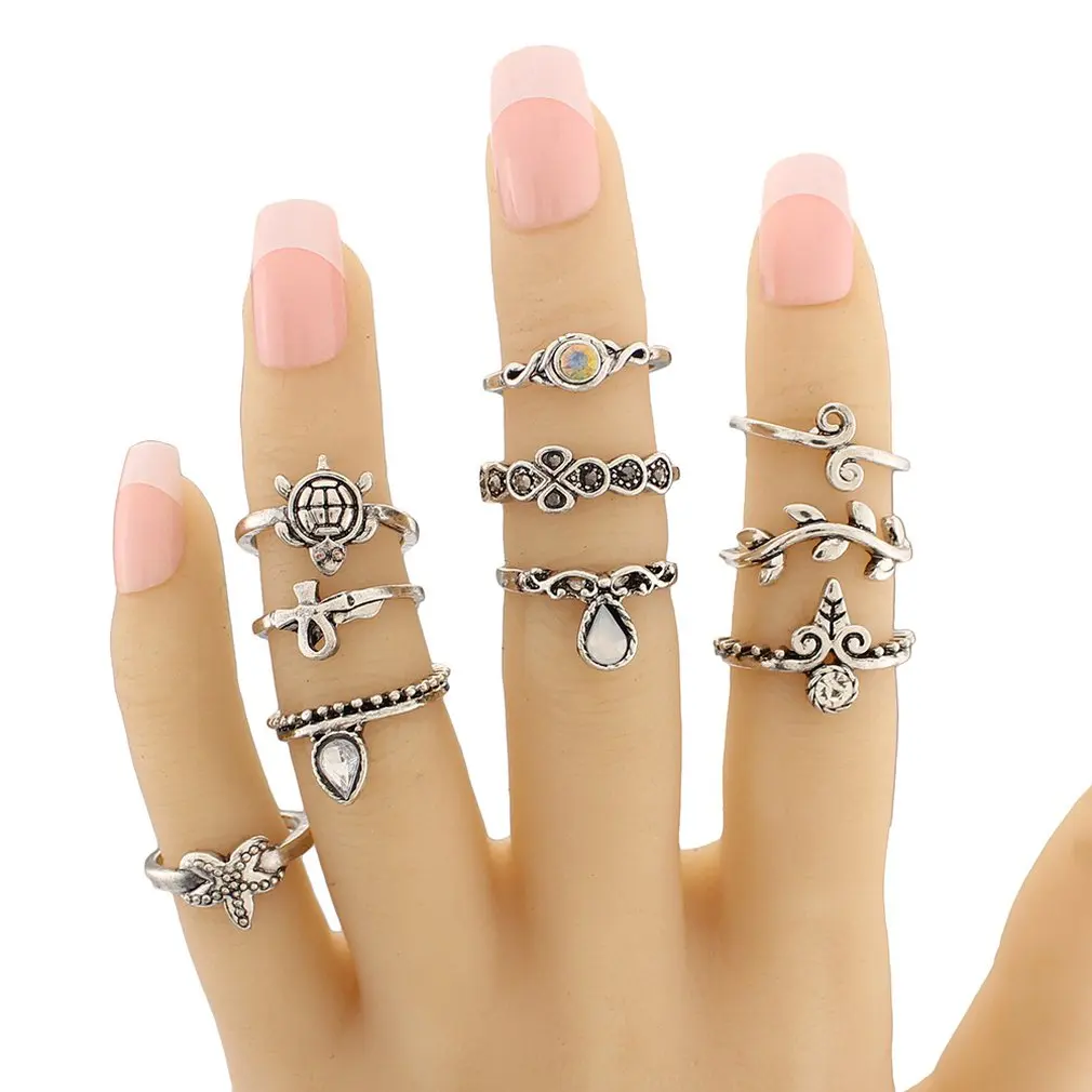 

New 10pcs/set Ancient Silver Retro Ten Finger Ring Set Bohemia Natural Stone Joint Ring for Women Jewerly