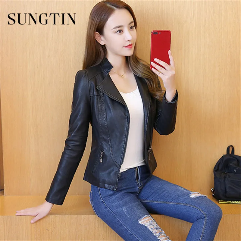 

Sungtin Hot Sale PU Leather Jacket Women Spring Autumn Basic Coat Ladies Casual Zipper Motorcycle Biker Jacket Female Outerwear