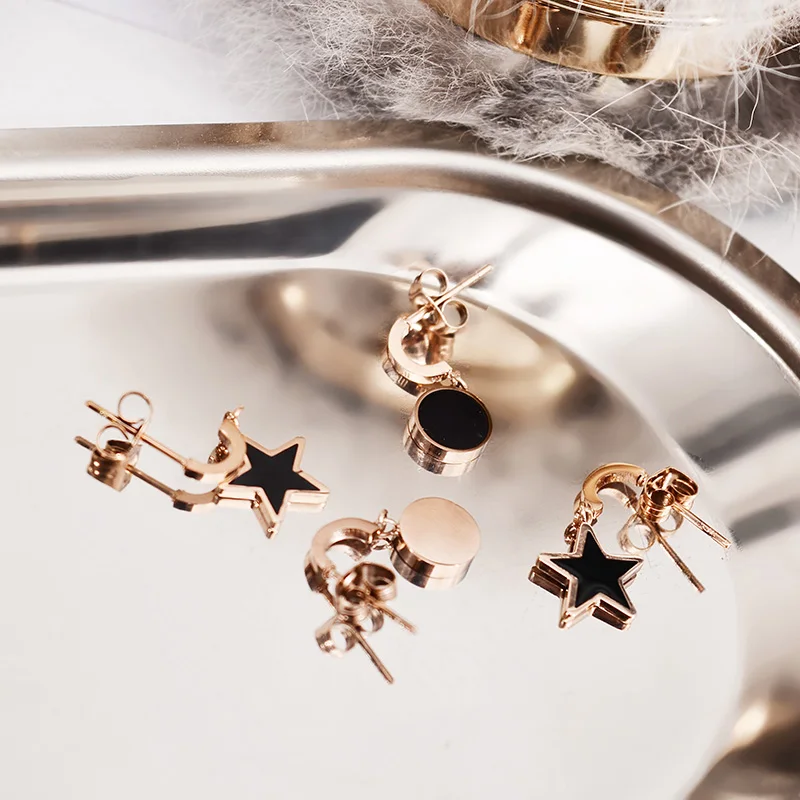 

YUN RUO 2018 New Arrival Fashion Black Star Round Stud Earring Rose Gold Color Woman Girl Gift Titanium Steel Jewelry Not Fade