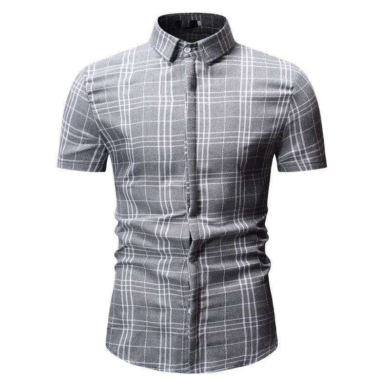 Новая коллекция модных осенних свитеров Для мужчин одежда Slim Fit Для мужчин футболка с коротким рукавом Для мужчин клетчатая хлопковая Повседневное Для мужчин рубашка социальных размера плюс M-3XL-1 шт - Цвет: Gray