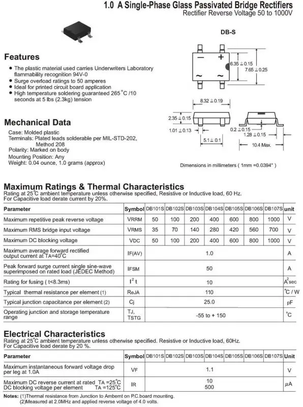 20 шт./партия) DB107S, 1A 1KV, 1.0A 1000 V SMD мостовой выпрямитель