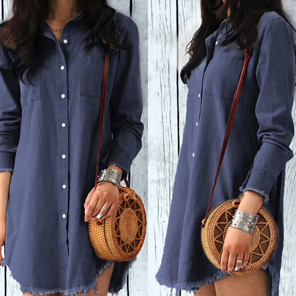 Sexy Women Loose Button Pocket Long Sleeve Blouse Dress Mini Asymmetrical Tassel Hem Shirt Dress Top Plus Size Casual Streetwear 5