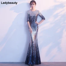 Разноцветный Русалка Вечерние платья пикантные длинные Вечеринка платье О-образным вырезом блесток Пояса Женщины Формальное вечернее платье