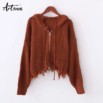

Artsnie Brown Casual Tassel Knitted Short Cardigans Women Autumn 2018 Streetwear Sweaters Asymmetrical Pull Femme Winter Coat