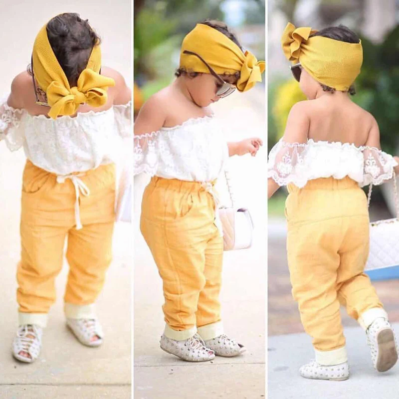 

Summer Girls Clothes Set Fashion Tops Shirt With Lace + Bow Headband + Yellow Pants 3pcs Clothing Sexy Costume Crianca Roupas