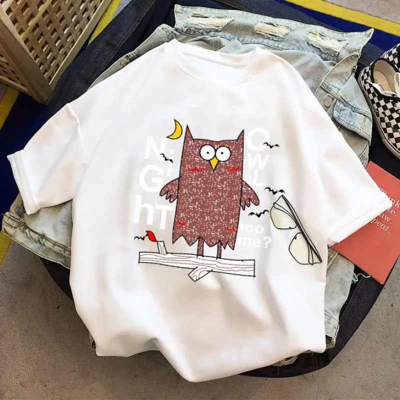 

2019 Summer Clothes Wild Casual Women T Shirt Printing Letter Harajuku Lovely Owl Loose Fashion Student Whitetees Tops Female