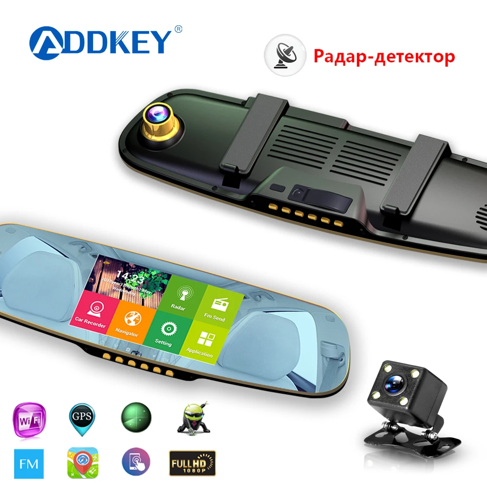 ADDKEYCar dvr камера Android зеркало заднего вида видеорегистратор 3 в 1 Радар детектор