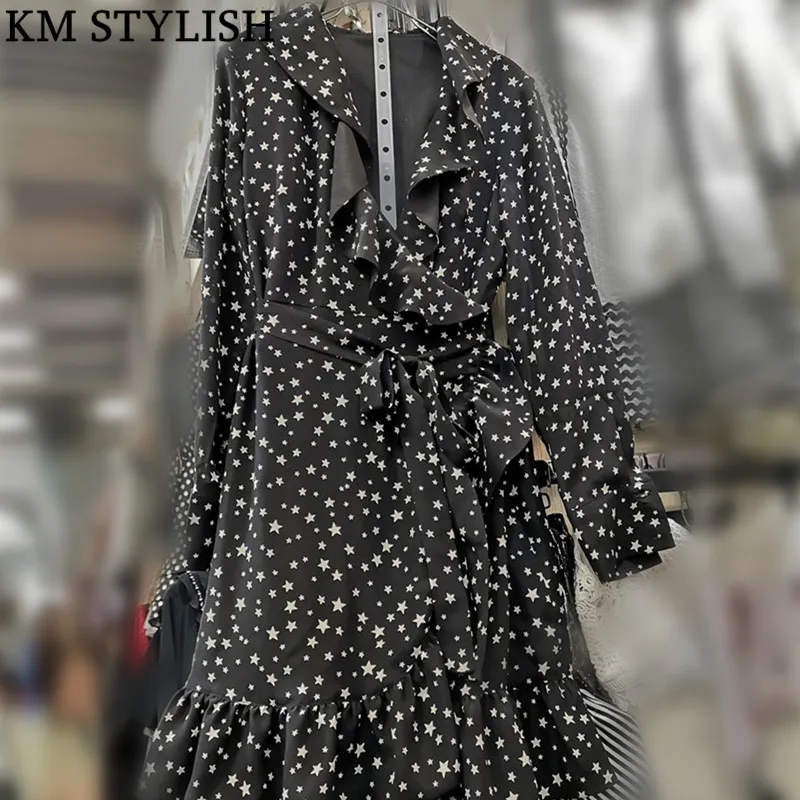 2019 Early Spring New Star Print Ruffled Women Black Dress Lotus Leaf Neckline Hem High Slim Retro One-piece Dress With Belt