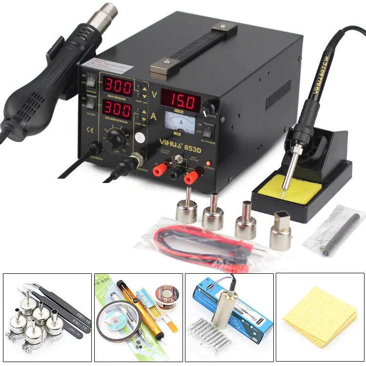 YIHUA 853D 3in1 Dual Дисплей паяльная станция горячего воздуха пистолет + паяльник