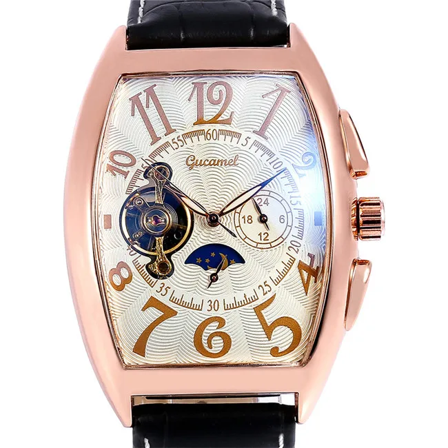 GUCAMEL Tourbillon Платье Мужские часы в деловом стиле Роскошные Tonneau деловые часы для мужчин водостойкий кожаный мужской reloj hombre - Цвет: 8