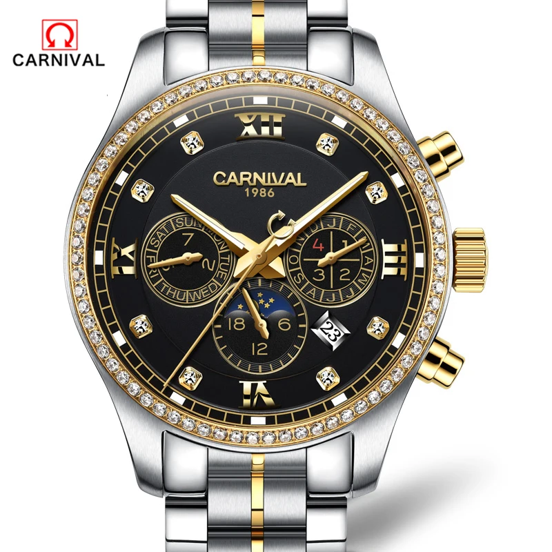 

2018 CARNIVAL Top Brand New Mechanical watches Men Fashion Waterproof Luminous Watch with Calendar Moon Phase relogio masculino