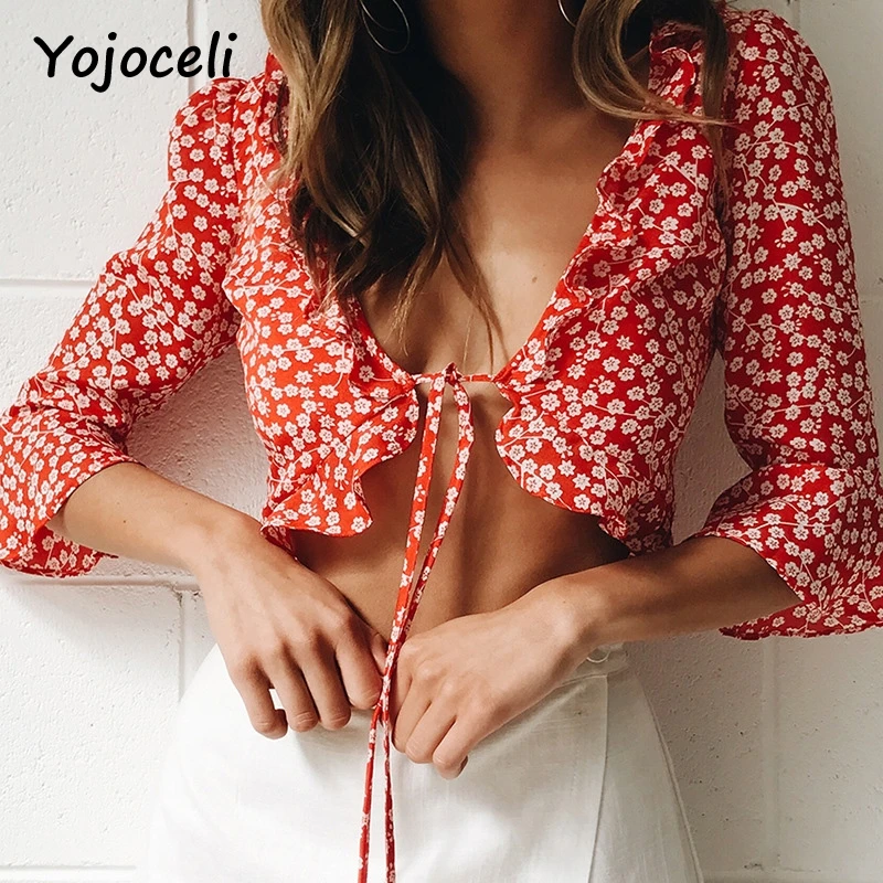 Yojoceli 2018 весенние женские блузки с принтом рубашка v образный вырез бант оборками