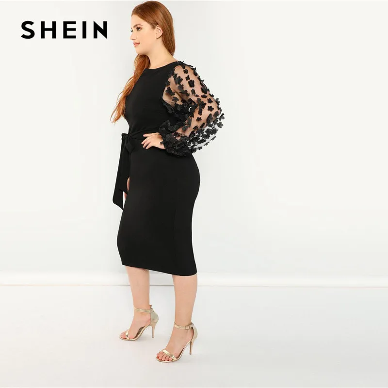 SHEIN женское элегантное черное платье-карандаш больших размеров с аппликацией, Сетчатое платье с рукавом-фонариком, приталенное платье с поясом для вечеринок