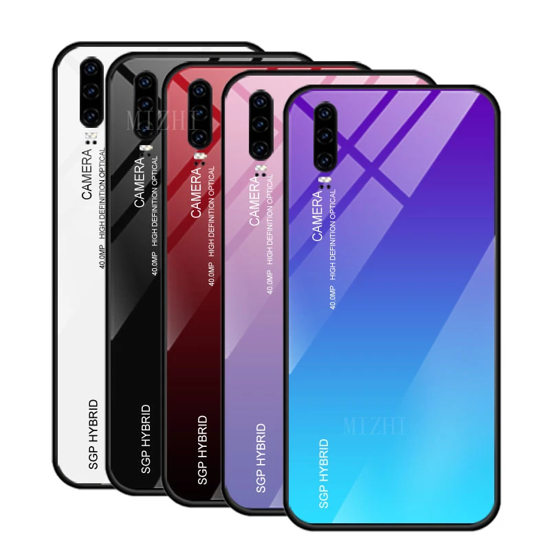 Gradient tempered glass phone case for huawei p30pro back cover for huawei p30 pro p 20 lite 30 light 30pro soft silicone cases