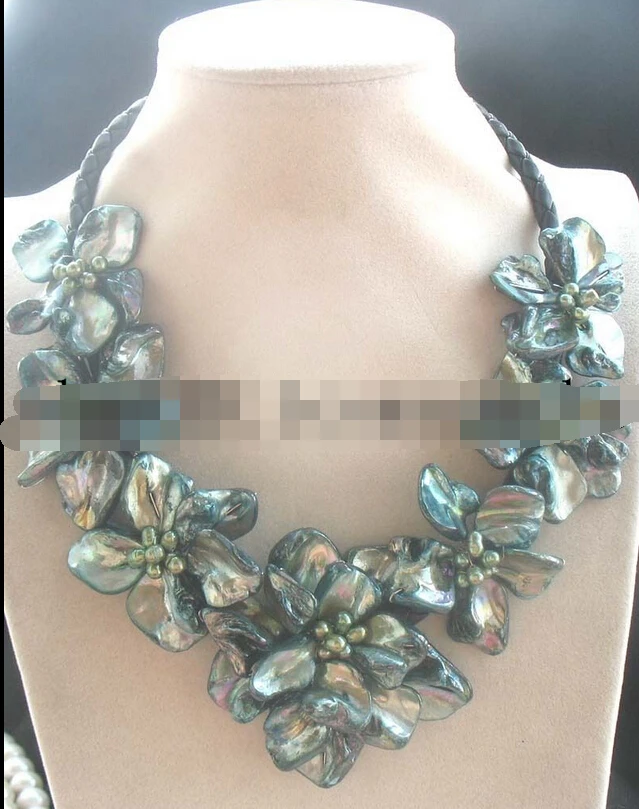 

ddh003276 freshwater pearl sea shell green flower necklace 18