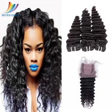 Special Offers Sevengirls Deep Wave 3 Bundles With 4*4 +2*4 Silk Base Closure Malaysian Natural Color Virgin Human Hair Extension Free Shipping