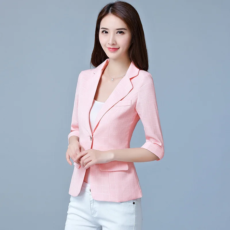 Spring and Autumn Female Short Suit Temperament Seven-Sleeve Sleeve Slim Leisure Suit Plaid Top