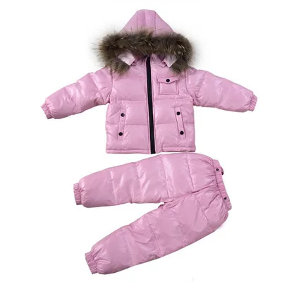 Зимнее белое пуховое пальто для девочек, Детский Большой комплект одежды с капюшоном и воротником из натурального меха(куртка+ штаны), детский теплый лыжный костюм для русской зимы