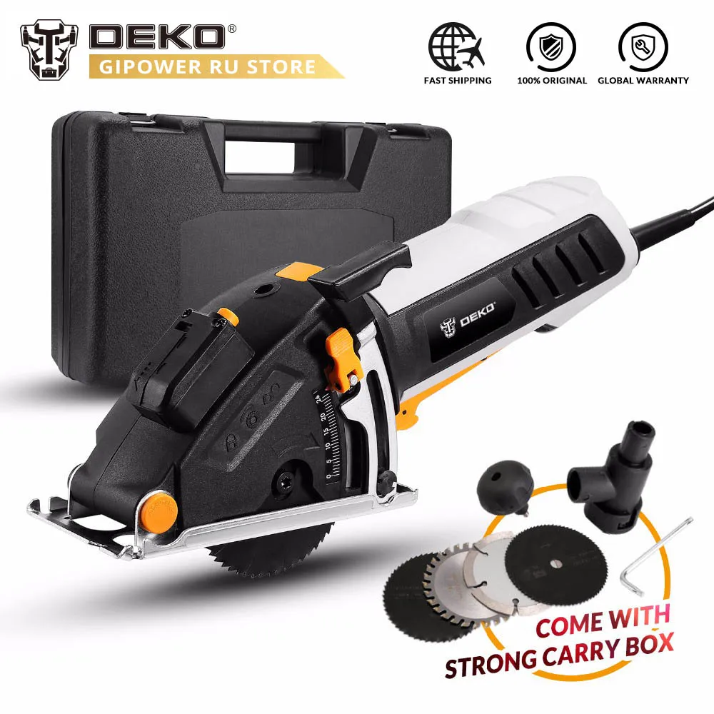 Online DEKO QD6905 Mini herramienta eléctrica de sierra Circular con guía láser, 4 cuchillas, paso de polvo, llave Allen, mango auxiliar, caja BMC