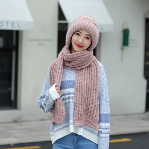 Зимняя шапка длинный шарф женский зимний меховой помпон вязаный шарф шапка шарф зимняя кашемировая вязанная шерстяная шапка теплая Женская шапка - Цвет: dark pink