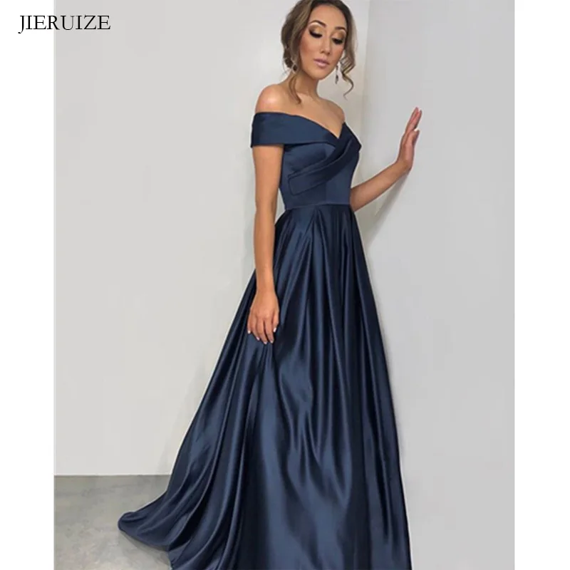 

JIERUIZE Dark Navy Blue Off the Shoulder Long Evening Dresses Simple Long Prom Party Dresses Evening Gowns Cheap Formal Dress