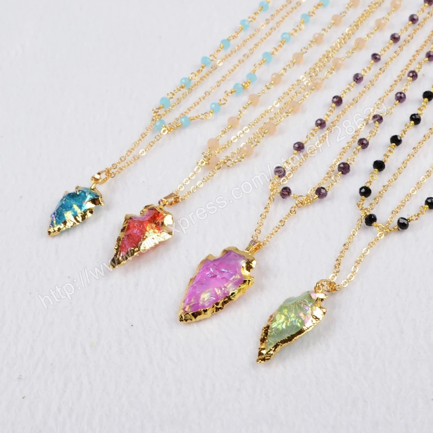 

BOROSA 3 pcs/lot Gold Color Rough Natural Titanium Quartz Arrowhead Layer Necklace With Mixed Colors Beads G0760