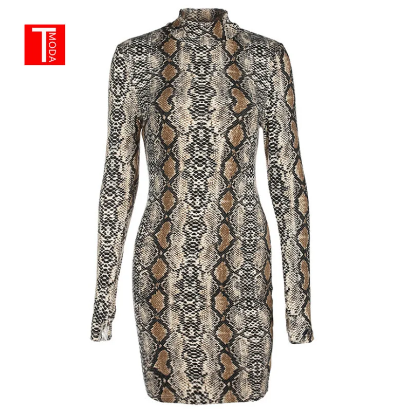 

Strech Snakeskin Long Sleeve Mini Dress 2018 Summer Autumn Women Snake Skin Print Sexy Bodycon Party Dresses Vintage Dress