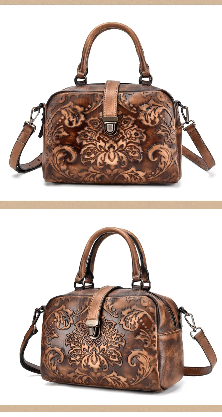 Винтажная роскошная женская сумка из натуральной кожи, Дамская ретро элегантная сумка через плечо, сумка-мессенджер с тиснением и цветочным рисунком, сумка через плечо B