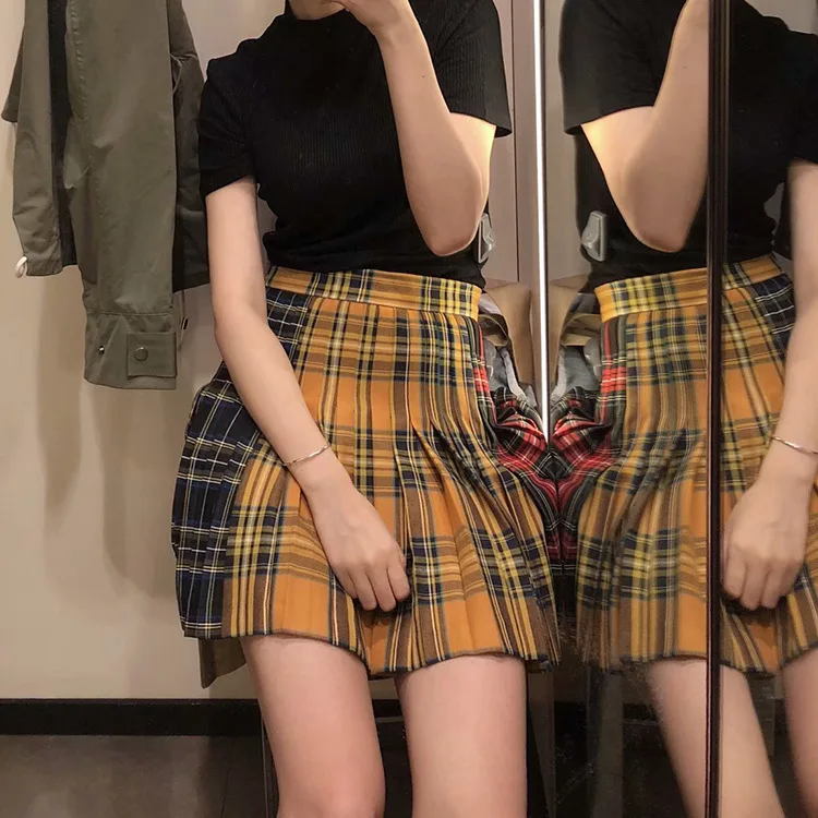 

Spain single autumn ladies pleated skirt multicolor patchwork short Slim A short skirt plaid skirt dress skirt