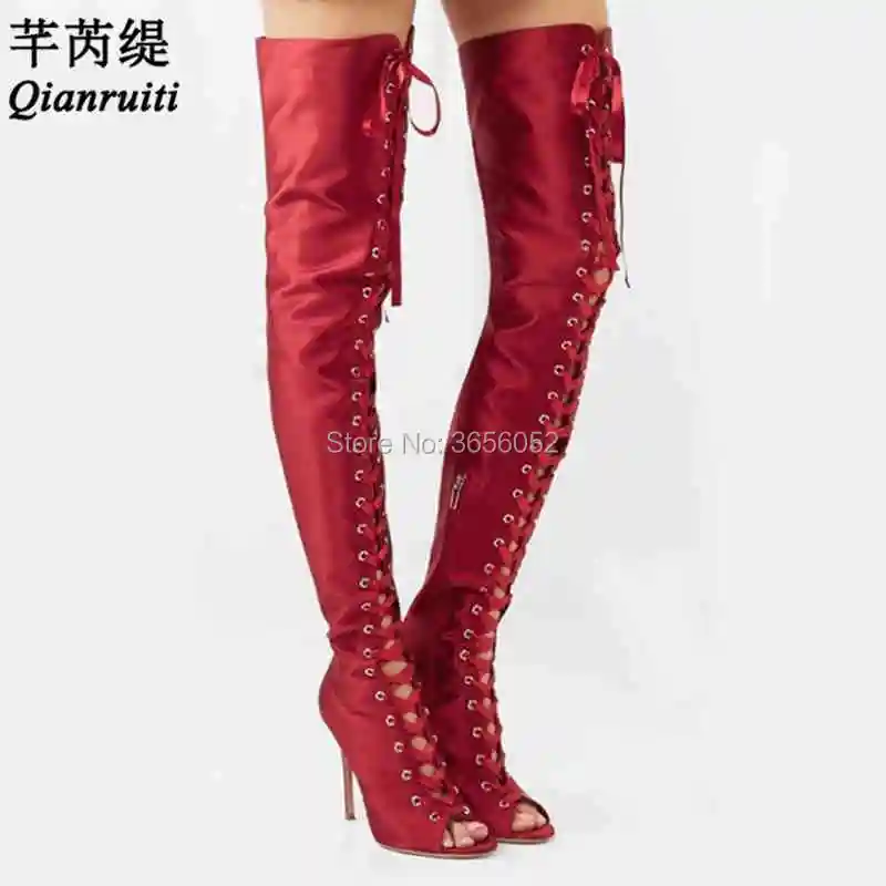 red thigh high lace up heels